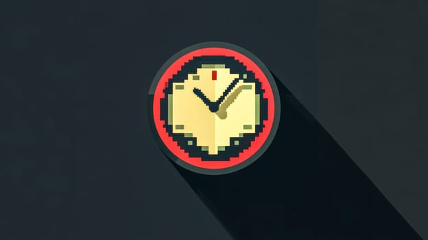 Retro pixel art clock is ticking on a dark background, casting a long shadow. This illustration evokes nostalgia for the golden age of video games