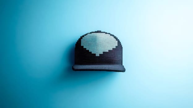 Black pixelated baseball cap hangs on a blue background, blending modern design with classic style