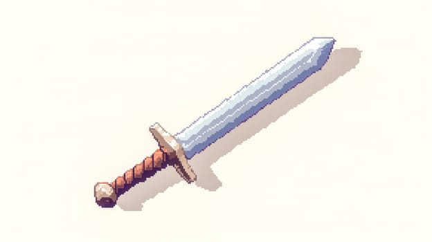 Longsword with a leather wrapped hilt is laying on a white background, rendered in a pixel art style. This image would be perfect for game developers or anyone looking for a nostalgic aesthetic