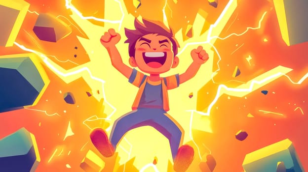 Young boy is breaking through a wall with lightning bolts shooting out from his body, showing the power of imagination and strength