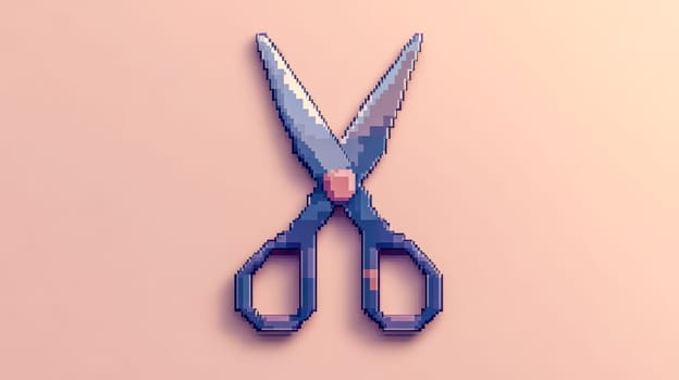 Delicately placed pixel art scissors on flat surface with vibrant pink background, evoking nostalgia of 80s and 90s video games. Intricate details showcase creativity behind this retro tool