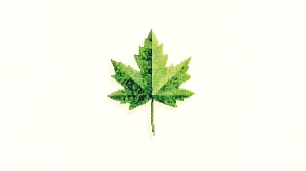 Pixelated green maple leaf is standing out on a white background, suggesting a connection between nature and technology. The image evokes concepts such as innovation, ecology, and digital art
