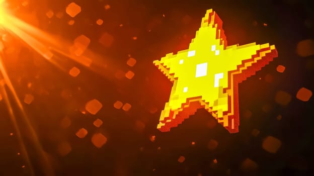 Shining yellow pixel star on an orange bokeh background exudes success and celebration, perfect for projects needing excellence