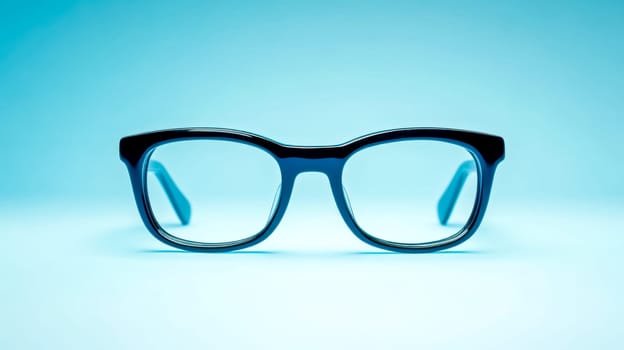 Black eyeglasses with thick frames are shown on a blue background, offering a simple yet stylish take on vision correction