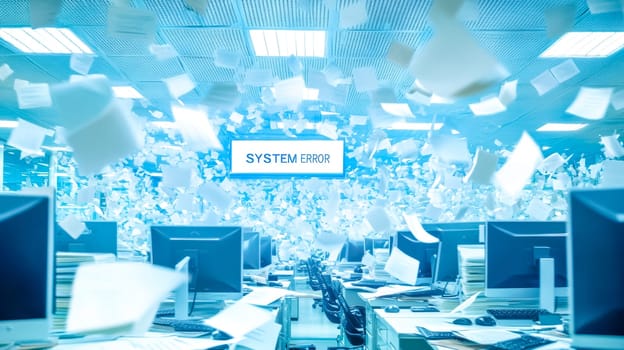 Papers fly in chaotic office with system error message on monitor, evoking disruption and urgency