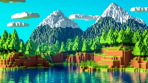 Beautiful voxel landscape showing a lake reflecting the sky and clouds, surrounded by mountains and lush green trees on a sunny day