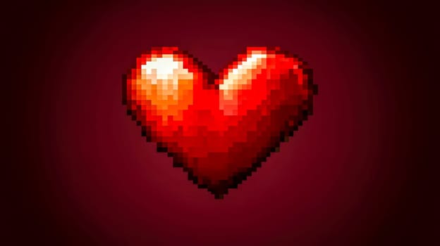 Glowing pixel heart on a dark red background, perfect for love, gaming, and digital projects. Add romance or a retro touch to your design with this pixelated symbol