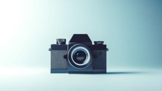 Stylish black vintage photo camera is standing on a blue background with copy space. The camera is pointing straight ahead