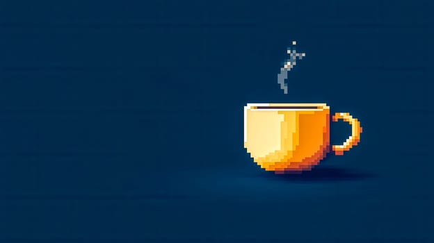 Charming pixel art coffee or tea cup on a serene blue background. Evoking nostalgia and simplicity with a touch of vintage charm. Perfect for a cozy morning vibe or retro love in a pixelated world