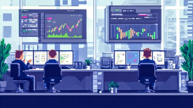 Stock traders work late analyzing data on computer screens in retro 8 bit style
