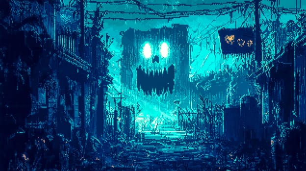 Eerie pixel art ghost hovers over a deserted city street, casting a haunting blue glow, perfect for halloween or horror projects