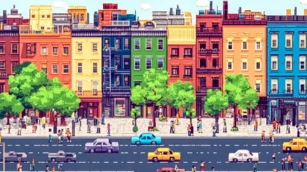 Lively pixel art illustration of a city street scene with people walking on the sidewalk and driving cars on the road. The colorful buildings and lush trees create a vibrant and inviting atmosphere