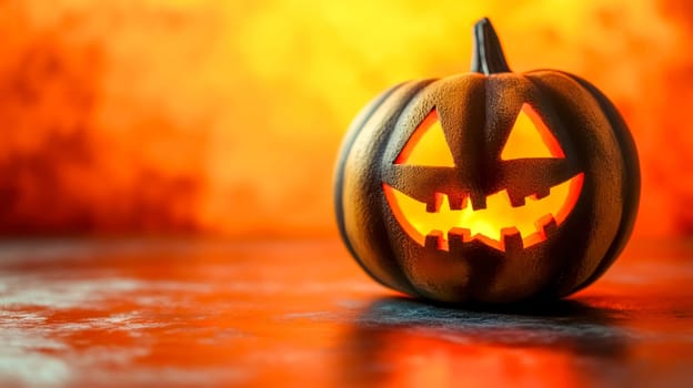 Carved pumpkin with a glowing candle inside sits on a dark surface, with a fiery orange background creating a spooky halloween atmosphere