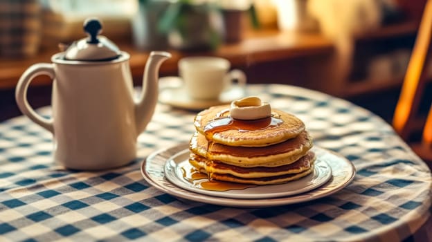 Freshly made pancakes dripping with maple syrup and butter on a plate, perfect for a cozy breakfast or dessert at home, cafe, or restaurant