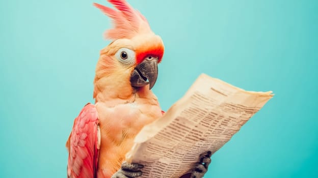 Curious cockatoo reads a newspaper against a blue backdrop, showcasing colorful feathers and a humorous demeanor. This tropical pet exudes intelligence and humor in a captivating image