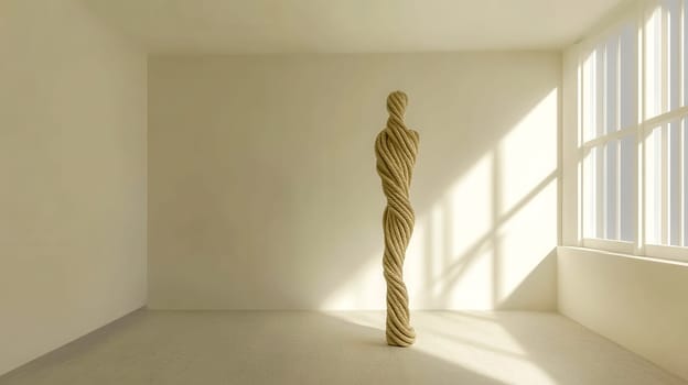Modern art sculpture of a human figure is standing in an otherwise empty room, illuminated by natural light from a nearby window