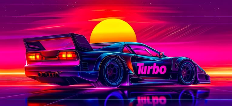 Futuristic sports car speeds through a colorful abstract landscape at sunset, with neon lights and retro vibes. Perfect for modern projects