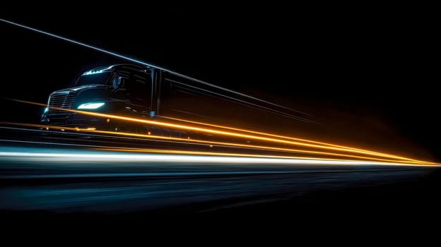 Semi truck is speeding down a highway at night, creating long exposure light trails that streak behind it. The truck is surrounded by darkness, emphasizing its speed and power