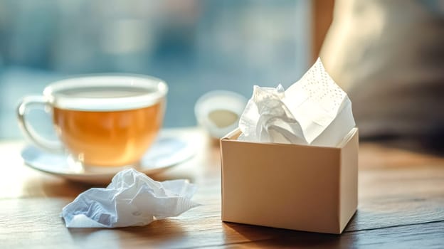 Cup of herbal tea steams on a wooden table next to a box of tissues, suggesting someone at home is unwell and trying to recover