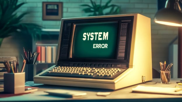 Vintage computer from the 1980s displays a system error on its monitor in a dimly lit room at night, evoking nostalgia with its retro aesthetic