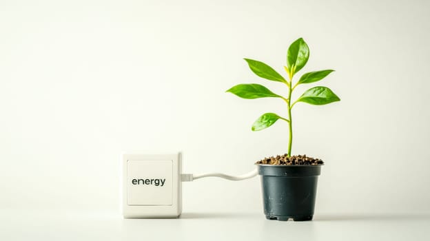 Small plant sprouts from an electricity socket, symbolizing renewable living and green energy. It reminds us to combat climate change and protect the environment for a cleaner future