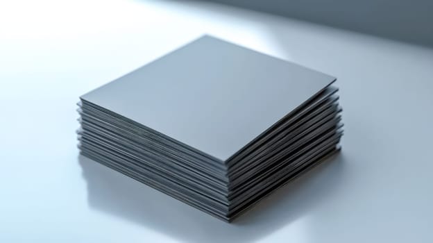 Thick stack of blank cards with rounded corners is sitting on a reflective surface, perfect for showcasing your design or message