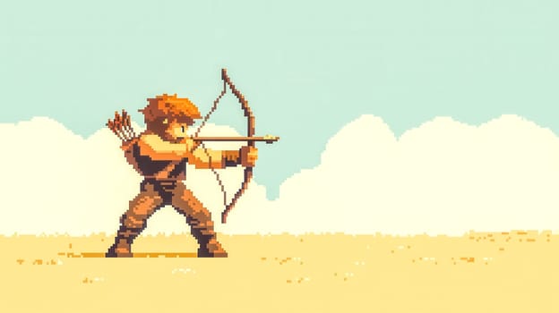 Pixel art archer is standing in a classic desert videogame environment, aiming at something off screen with his bow and arrow