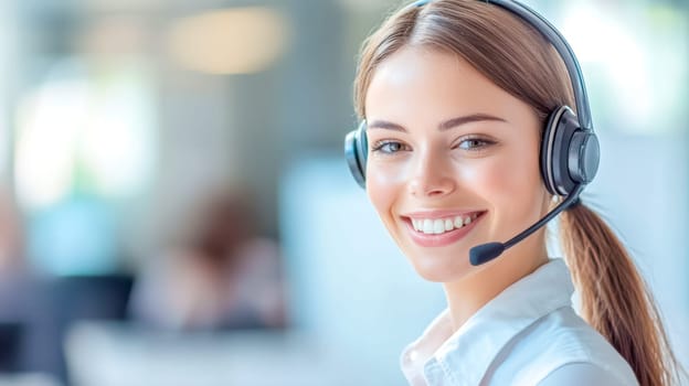Smiling customer service rep in a modern office, helping clients over the phone. Professional, happy, and dedicated to communication
