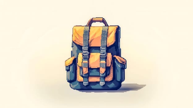 Vibrant blue and yellow pixel art backpack on a clean white background, with vintage charm perfect for travel and adventure. An iconic fashion accessory for travelers exploring new journeys