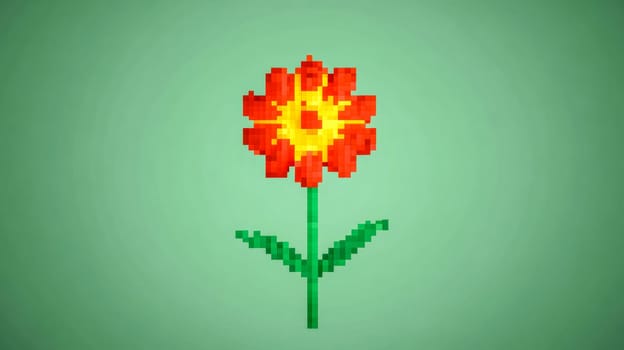 Single red and yellow flower with green stem and leaves, created in a pixel art style standing on a minimal green background