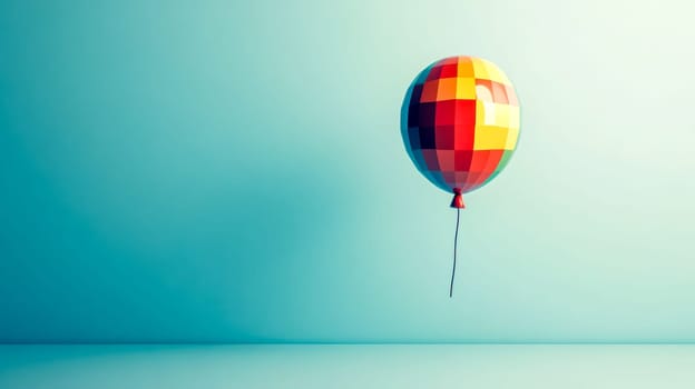 Vibrant 3d rendering of a colorful low poly balloon floating in a sleek studio with a clean blue background, perfect for adding joy to any project