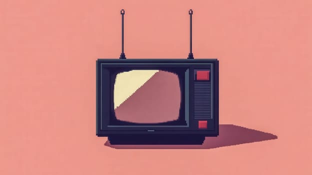 Pixel art style illustration featuring a retro television set with antennas, reminiscent of classic video games, set against a vibrant pink backdrop
