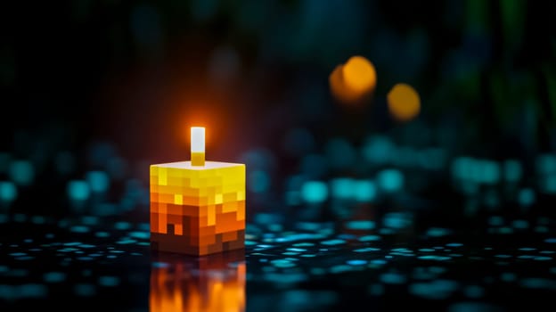 Pixelated candle softly glows in the dark, creating a warm and inviting atmosphere with vibrant colors and bokeh effects. Ideal for meditation and relaxation