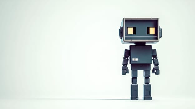 Small black robot with glowing eyes is standing on a white background, potentially symbolizing concepts like artificial intelligence or automation