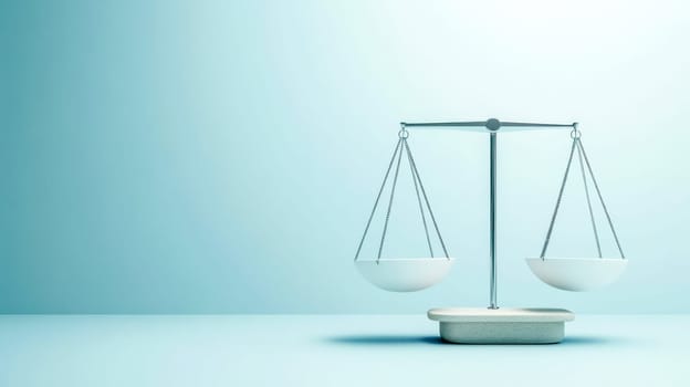 Balance scale comparing weights against a blue background symbolizes equality and fairness, highlighting the importance of justice and law