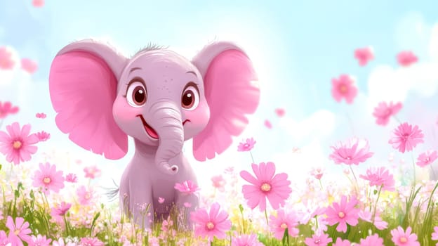 Cute cartoon elephant joyfully stands in a vibrant field of pink flowers. Smiling with big ears perked up