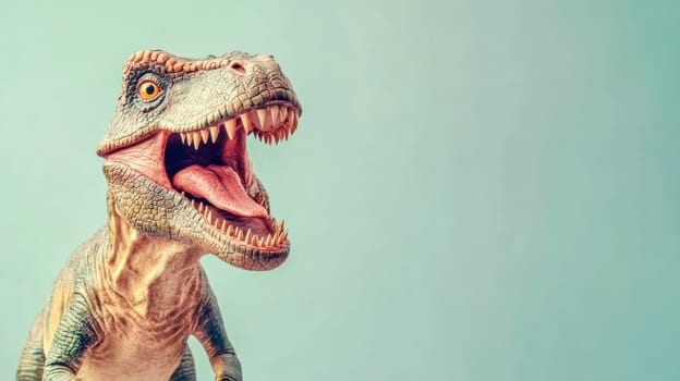 Plastic tyrannosaurus rex toy roaring with wide open mouth and tongue out against a blue green solid background with copy space
