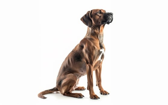 An elegant Beagliere dog sits perfectly poised on a white background, its warm eyes reflecting intelligence and loyalty