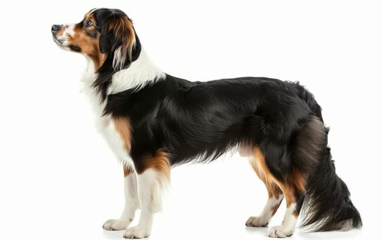 Showcasing a regal profile, this Beagliere dog stands with nobility, its tricolored coat rich against the white studio background