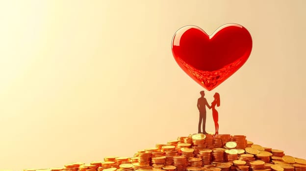 Silhouettes of a man and a woman holding hands standing on a pile of gold coins under a big red heart symbolizing love and marriage