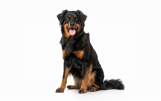 A well-trained Beauceron dog sits obediently, its shiny black and tan fur and composed demeanor presented against a clean white background