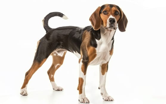 Full face view of a standing Beagliere dog, with a direct gaze that commands attention, isolated against a white background