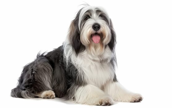 A serene Bearded Collie sits perfectly poised, its luxurious black and white fur elegantly contrasting the stark white background