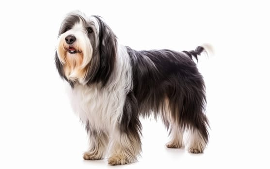 Bearded Collie in frontal pose against a clean white background, with its distinctive black and white coat and tongue out in a relaxed expression
