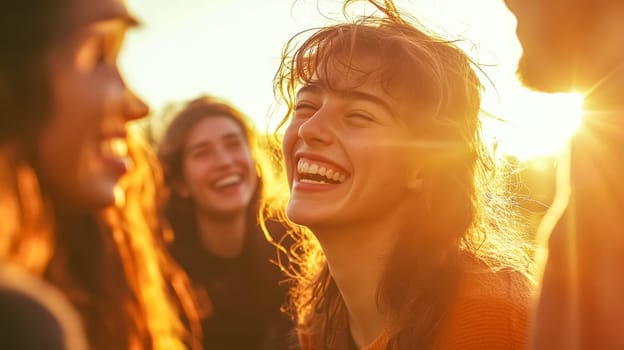 Group of young friends laughing and enjoying a music festival at sunset, soaking in the golden hour sunlight in a carefree and joyful celebration