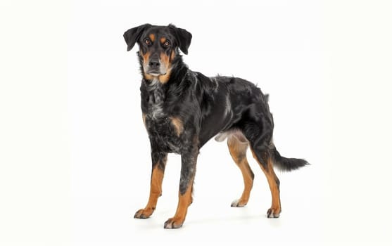 An alert Beauceron dog stands facing forward, showcasing its perked ears and muscular build, with a white studio background emphasizing its strong features