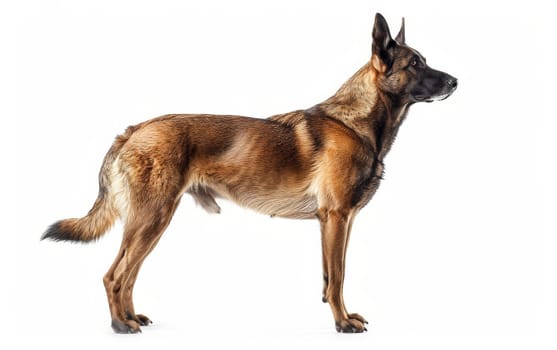 An attentive Belgian Shepherd Malinois stands against a white background, embodying alertness and strength