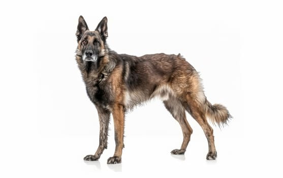 Belgian Shepherd Laekenois in full profile view, standing against a white backdrop, highlighting its rugged coat and attentive demeanor