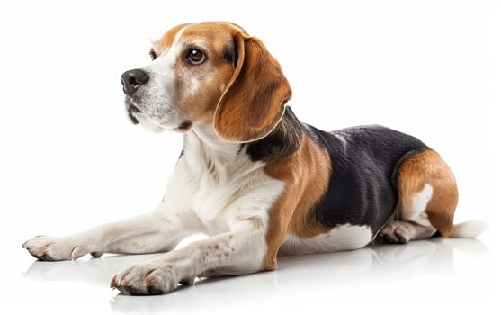 Capturing a moment of tranquility, this Beagle lies down attentively, its eyes full of expression and warmth