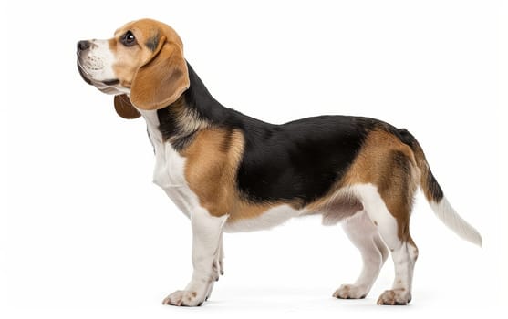 A tricolor Beagle stands in profile against a pure white background, showcasing the breed's distinctive black, brown, and white coat